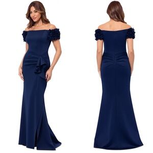 NEW XSCAPE Navy ROSETTE Floral SLEEVE Off The Shoulder RUCHED Scuba Crepe GOWN 6